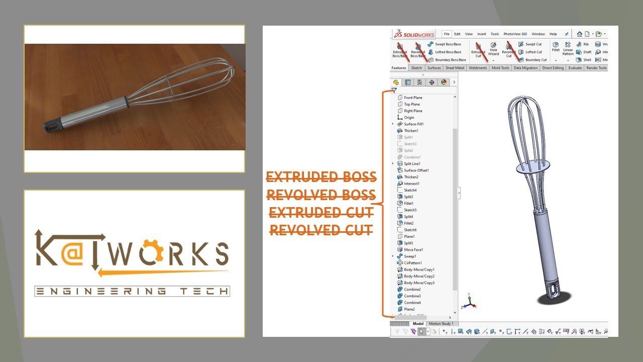 SOLIDWORKS TUTORIAL | EGG BEATER 3D WITHOUT EXTRUDED BOSS OR CUT | ADV FEATURES | DALGONA HAND MIXER