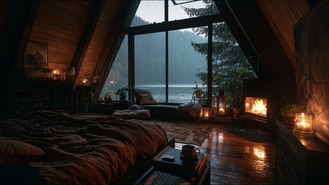Rainy Night in a Cozy A-Frame Cabin 🌧️ Fireplace & Light Thunder Sounds for Deep Sleep