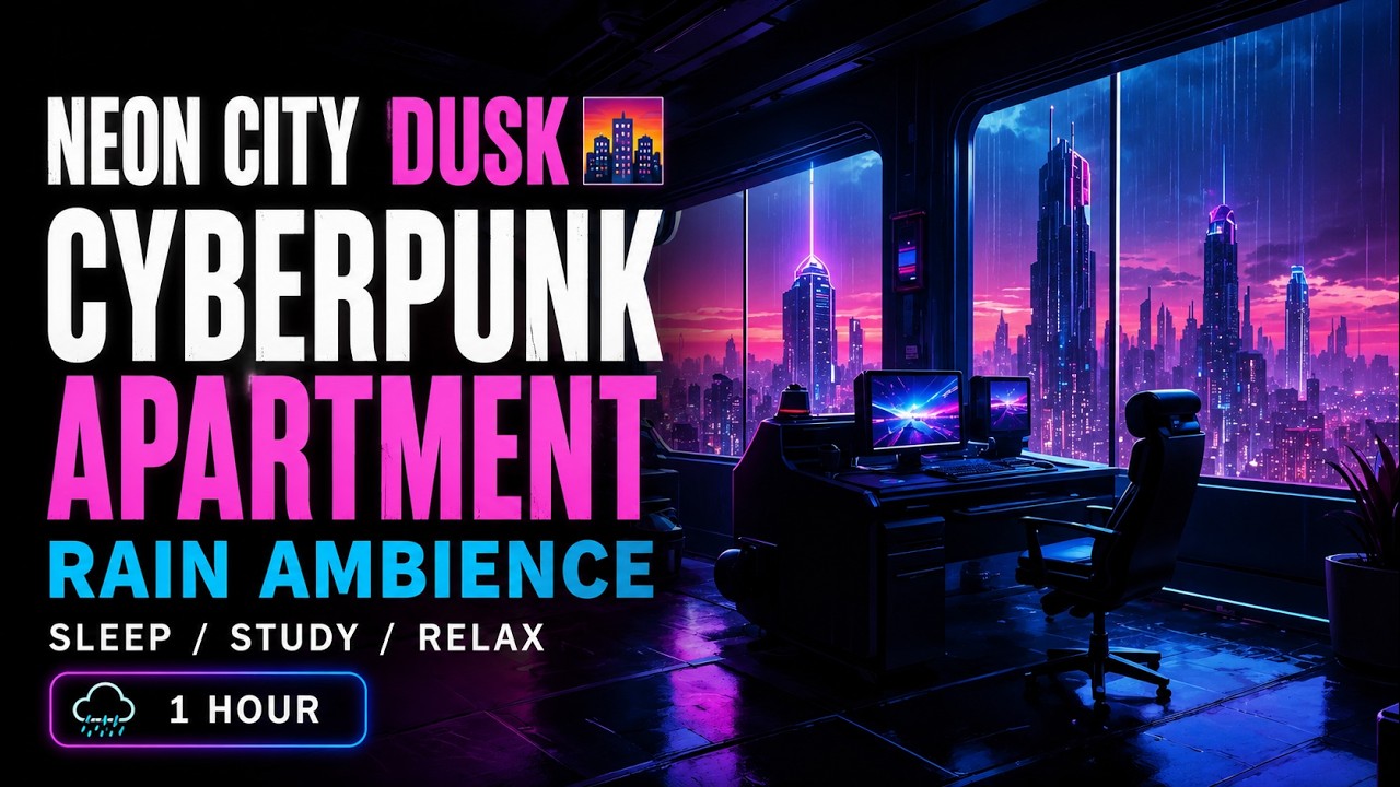 Neon City Dusk 🌆 Cyberpunk Apartment Rain Ambience | 1 Hour