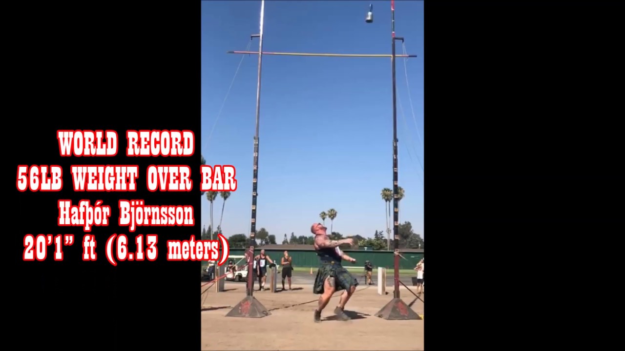 WORLD RECORD 56LB WEIGHT OVER BAR Haf&thorn;&oacute;r Bj&ouml;rnsson 20&rsquo;1&rdquo; ft (6.13 meters).
