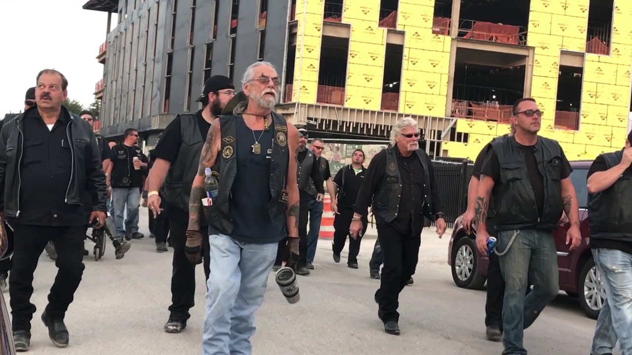 Kid Rock Little Ceasars Arena Opening day. Motorcycle club walk the streets to protect concert goers