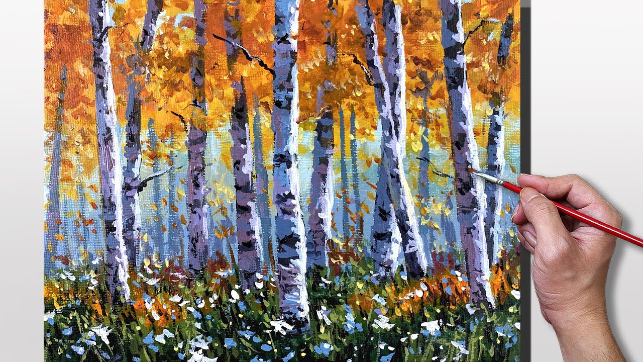 Acrylic Painting Autumn Birch Tree Forest