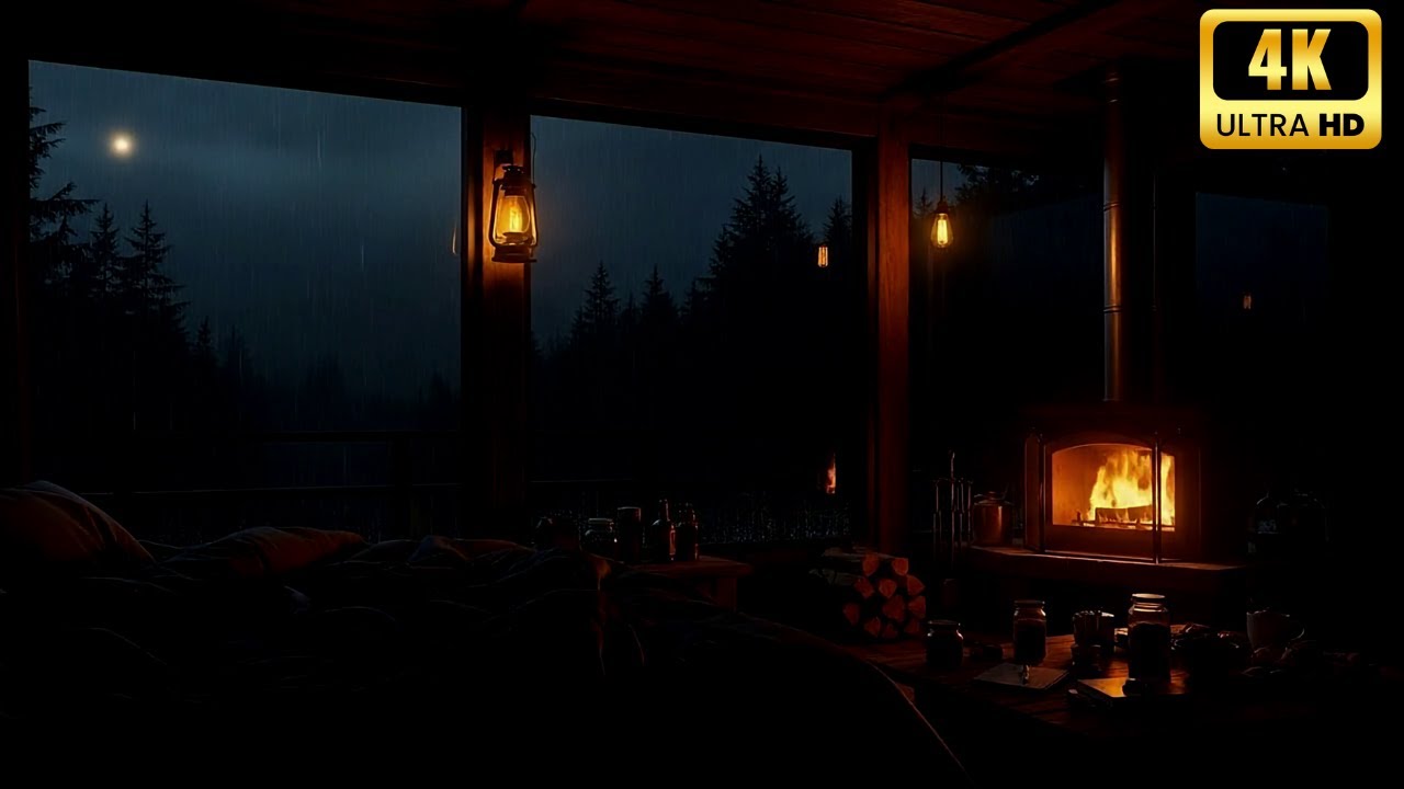 Heavy Rain Sounds & Fireplace | Cozy Night Cabin Ambience for Sleep & Relaxation (4K)