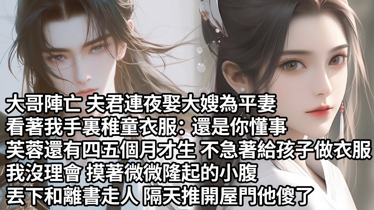 【一口氣看完】大哥陣亡 夫君連夜娶大嫂為平妻，看著我手裏稚童衣服：還是你懂事，芙蓉還有四五個月才生 不急著給孩子做衣服，我沒理會 摸著微微隆起的小腹，丟下和離書走人 隔天推開屋門他傻了