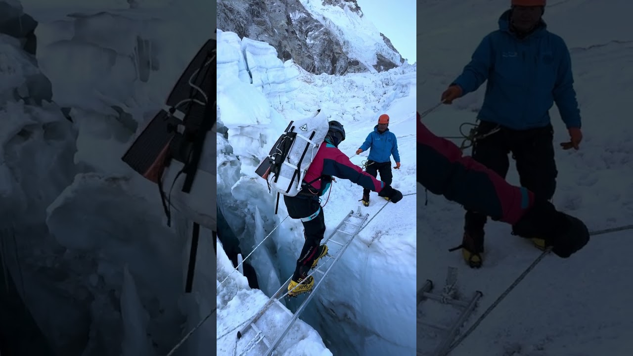 Stepping Over a Crevasse | Khumbu Icefall 🔥 #everest #extremeclimbing