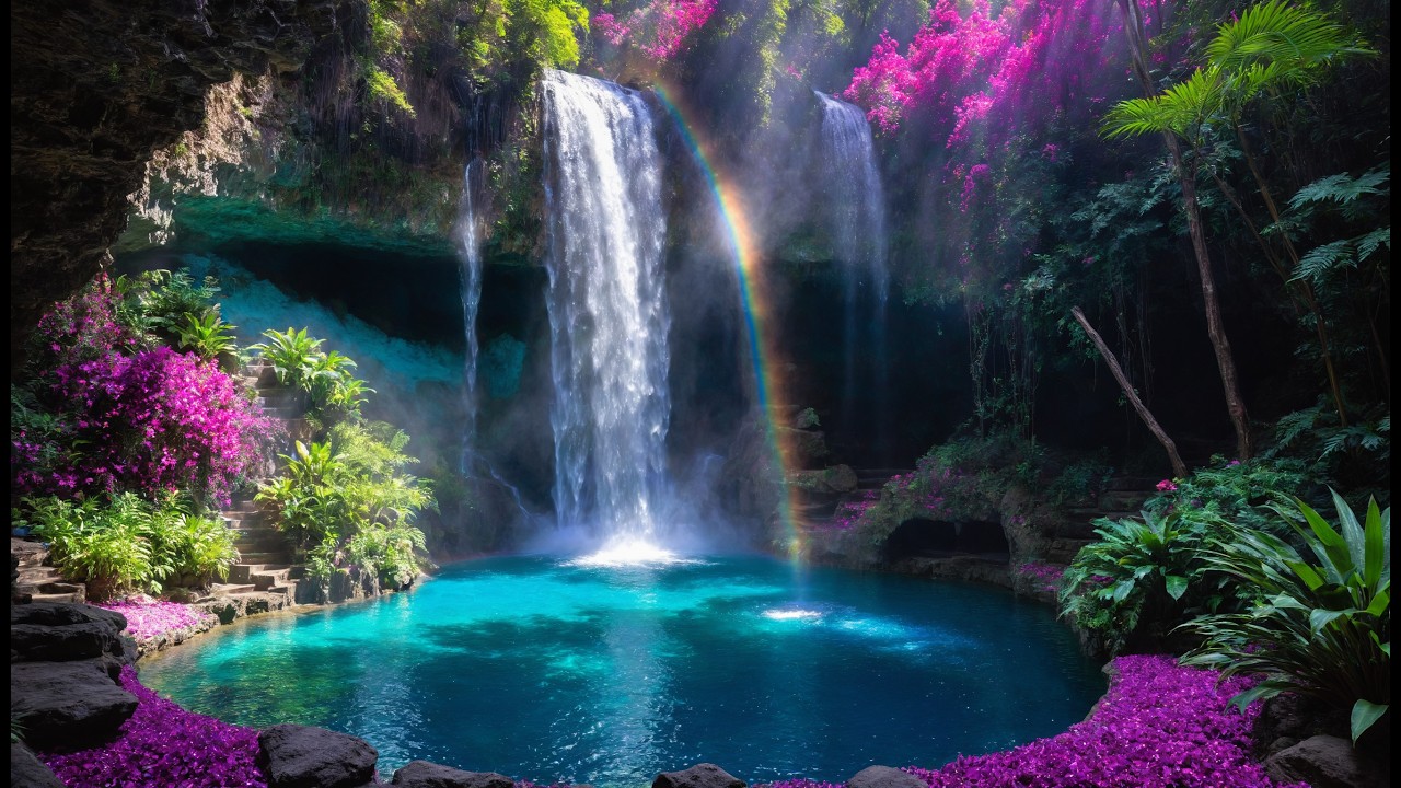 Rainbow Waterfall Paradise 🌈 Relaxing Tropical Lagoon | 4K Ambient Nature Visual