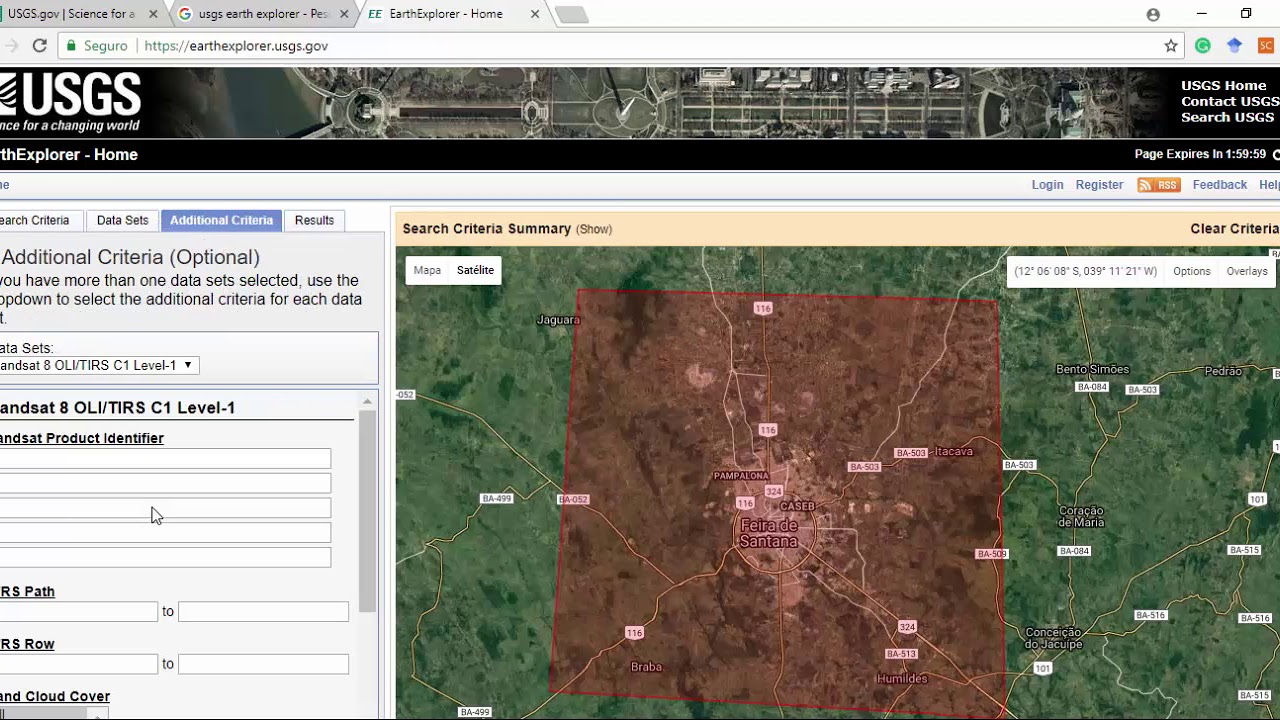 Baixar imagens no site da USGS