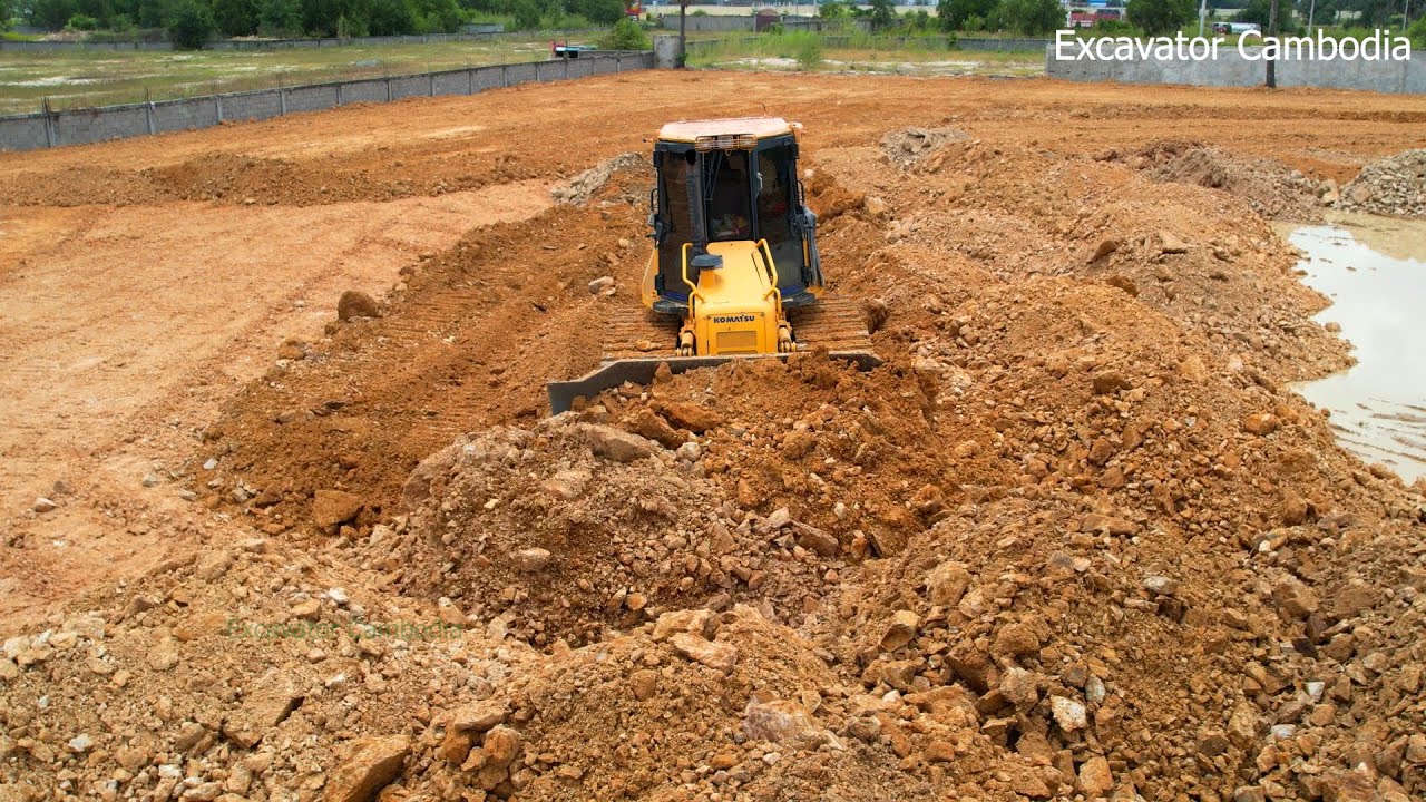 Amazing Project Skill Bulldozer Pushing Spreading Stone Dirt And Dump Truck Unloading Stone Dirt