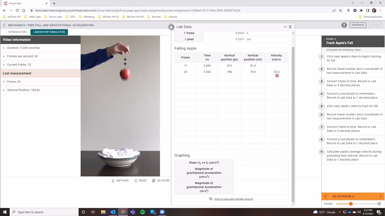 McGraw Hill Virtual Labs for Physics - Free Fall Demonstration