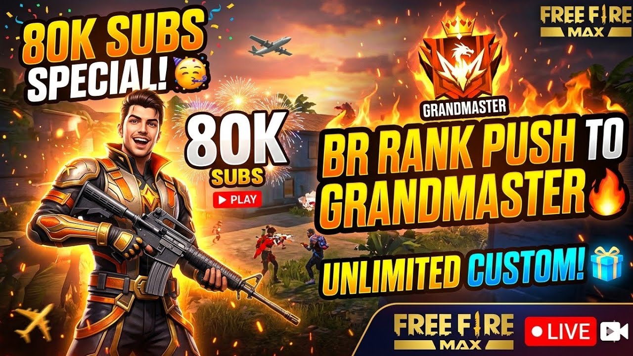 78K SUBS SPECIAL! 🥳 BR Rank Push To Grandmaster 🔥 Unlimited Custom ! 🎁 Free Fire Max Live