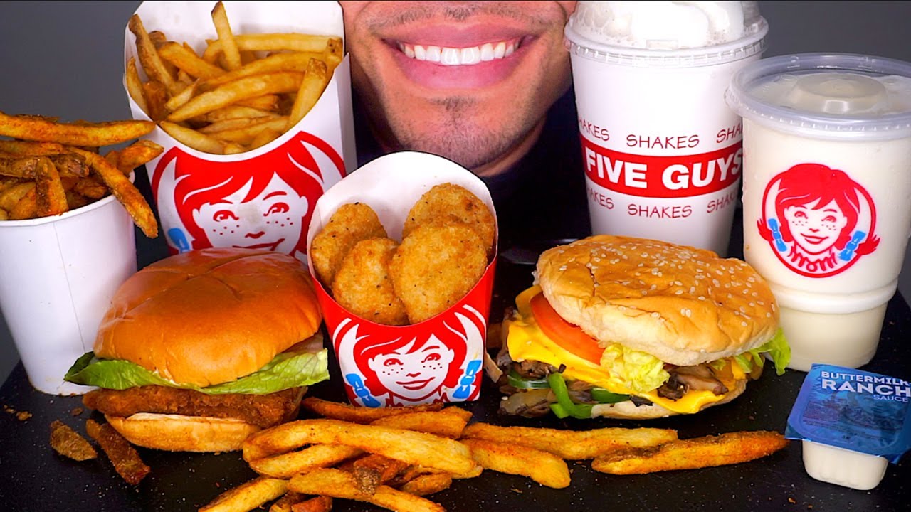 ASMR FIVE GUYS VS WENDY'S MUKBANG CHICKEN NUGGETS FROSTY CHEESEBURGER FRIES NO TALKING EATING SOUNDS