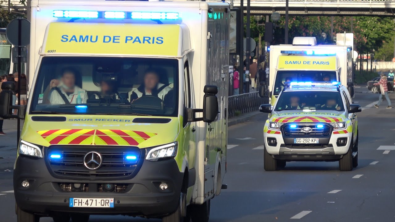 3X SAMU de Paris SMUR Necker responding with lights and sirens to 1 Mai protest in Paris! #1529