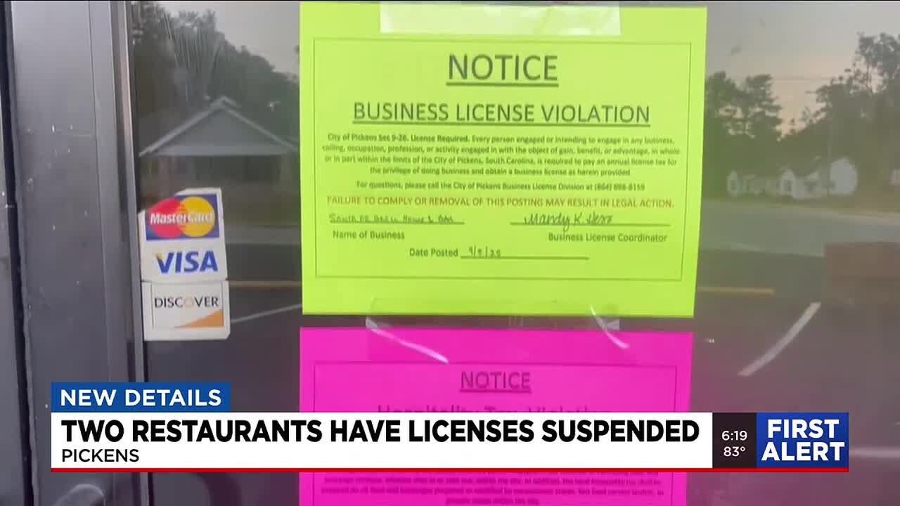 Business licenses suspended for 2 Pickens restaurants