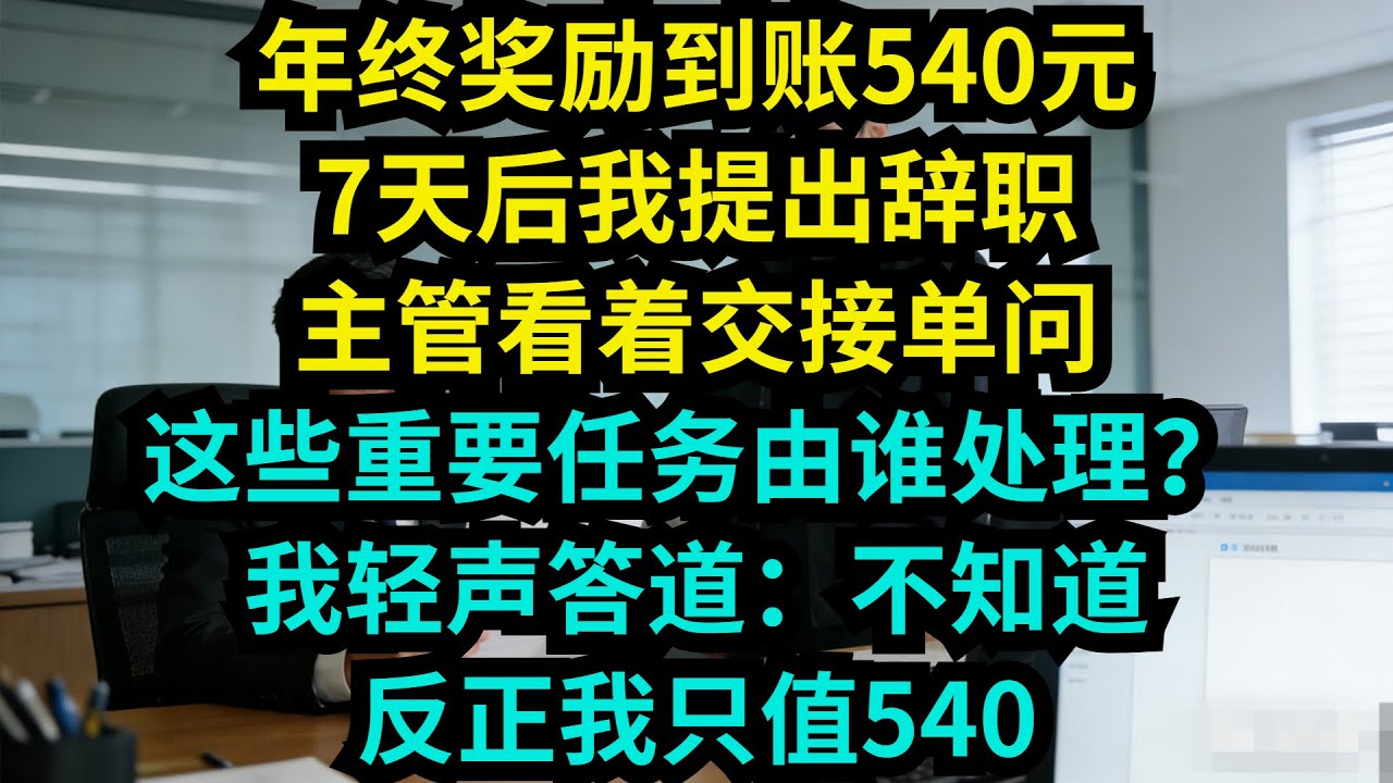 年終獎勵到賬540元，7天後我提出辭職，主管看著交接單問：這些重要任務由誰處理？我輕聲答道：不知道，反正我只值540【奇聞秘事】#奇聞#秘事#故事 #职场 #职场故事 #奖金