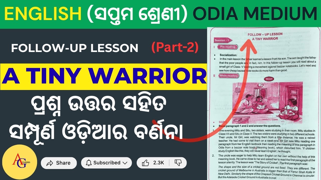 A TINY WARRIOR Class7 English follow-up lesson brief explanation in Odia with questions & answers.
