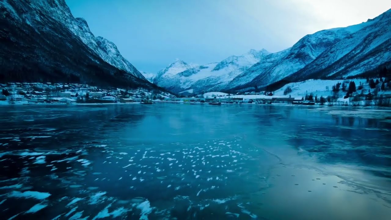 Flying over ice. Winter in the Norwegian Fjords
