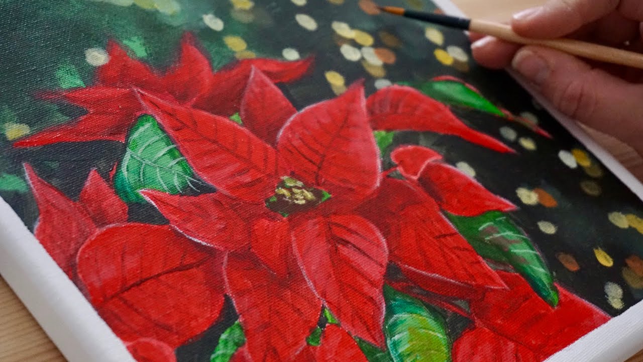 Acrylic Painting Christmas Flowers | How to Paint Poinsettia Step by Step| Weihnachtsstern malen #15