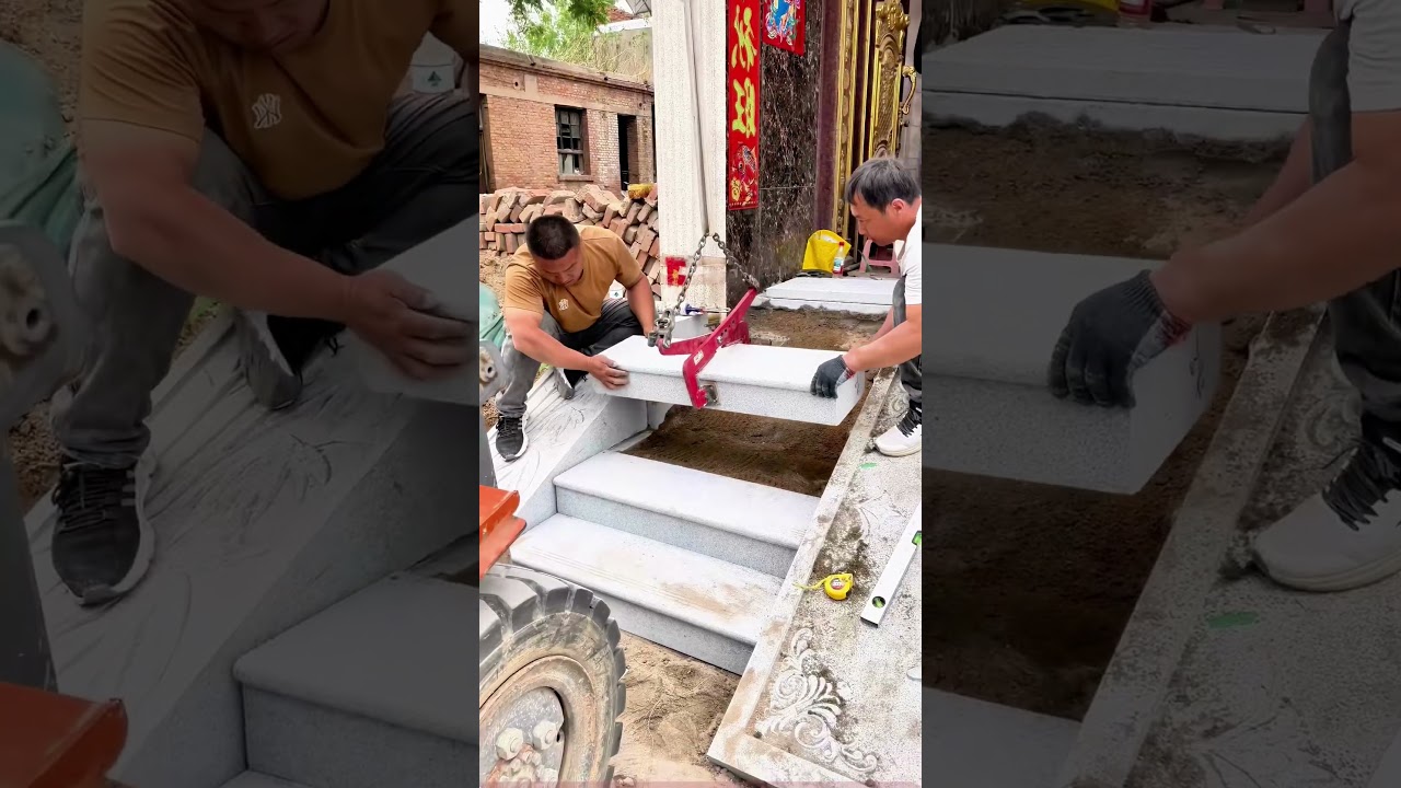 On - Site Heavy Stone Installation: Watch Workers Use Tools to Tackle Complex Steps