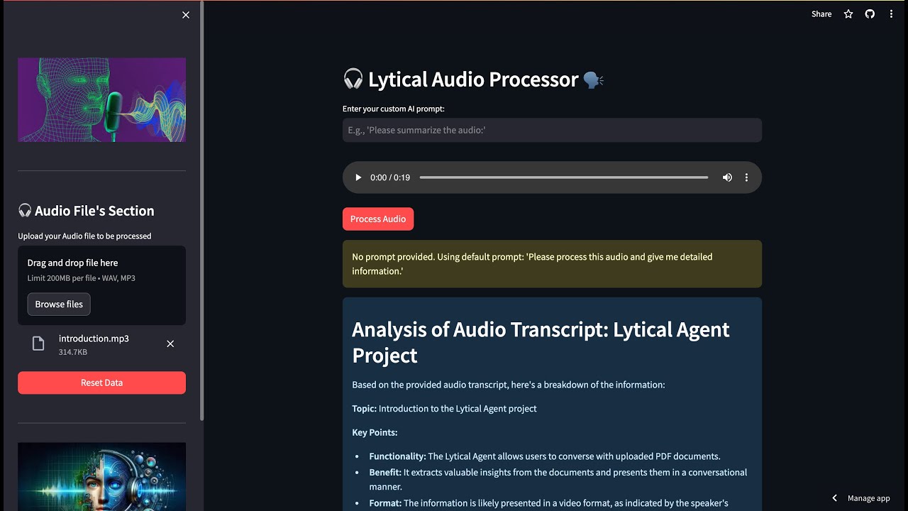 Lytical Audio Processor | Audio Summariser AI agent with Google's Gemini AI Model | Python Streamlit