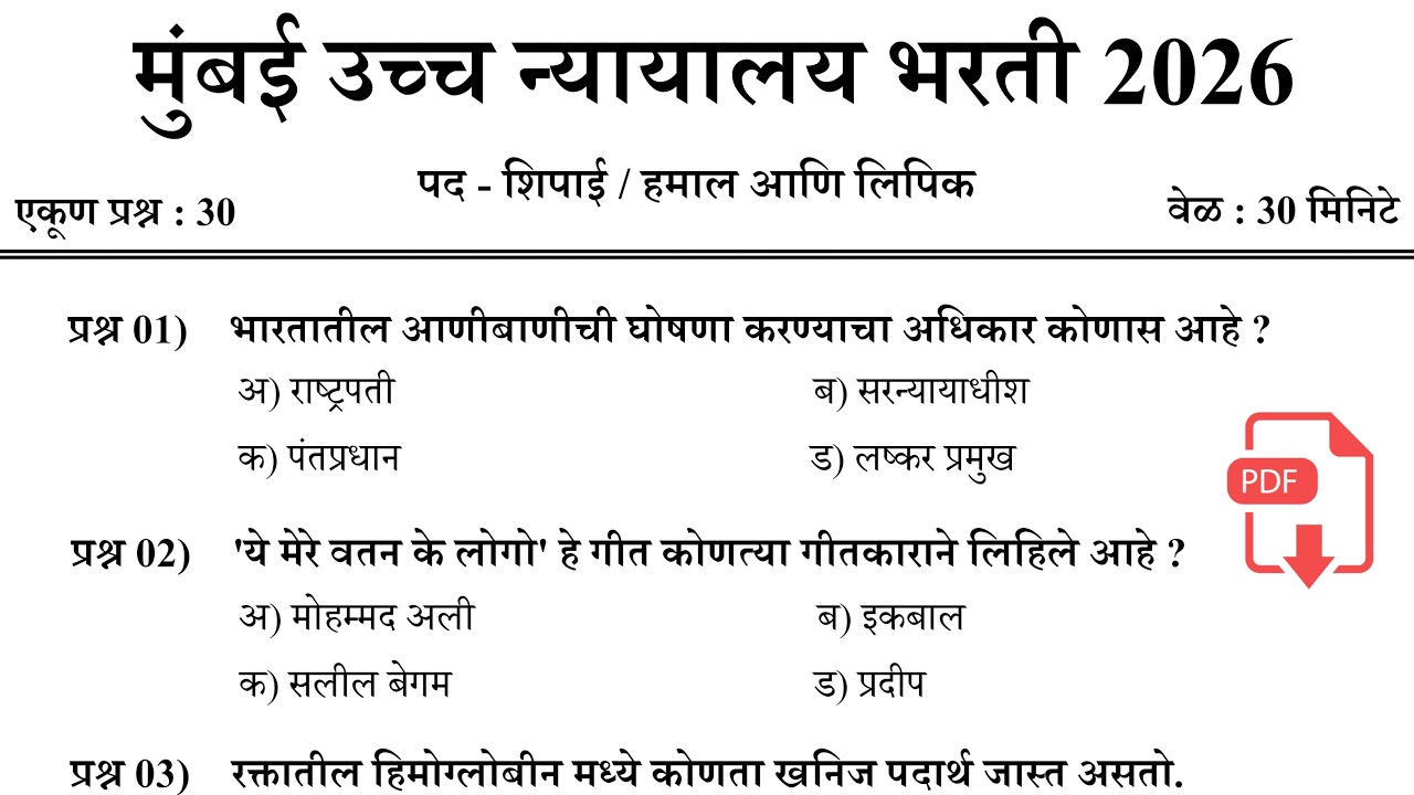 High Court Exam Date | शिपाई व हमाल प्रश्नपत्रिका संच | Mumbai High Court Peon Question Paper |