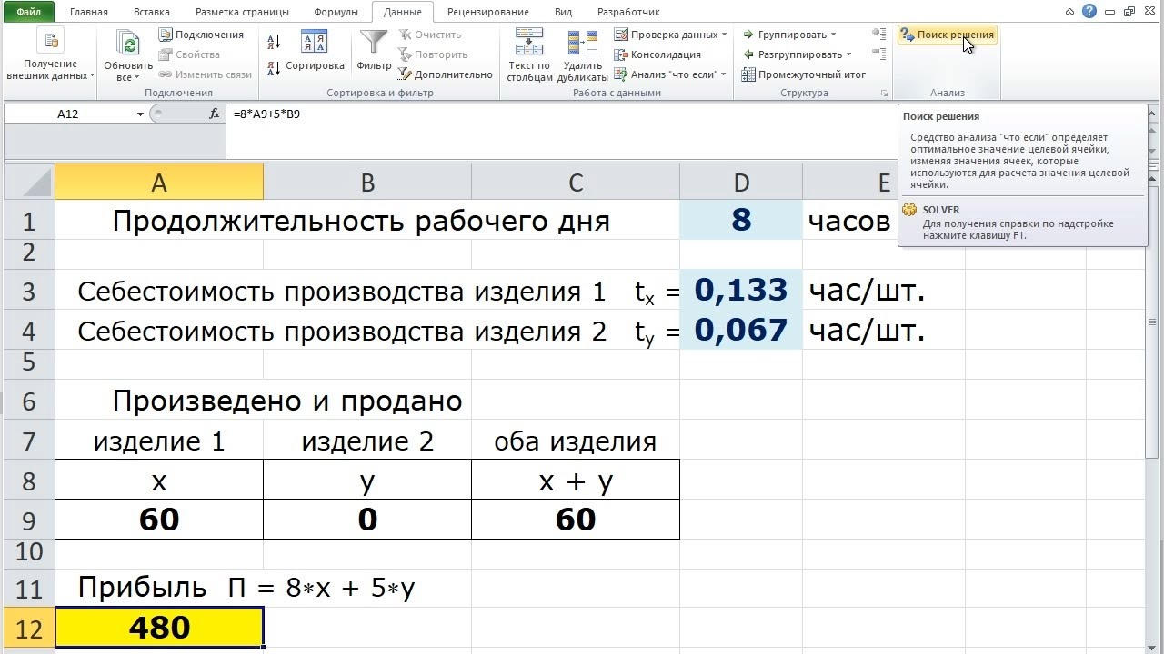 Решение задач в Microsoft Excel. Определение оптимального объёма производства