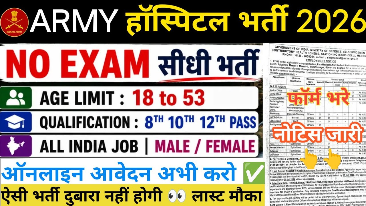ARMY Hospital Recruitment 2026 | NO EXAM Direct Recruitment || Notification Released | 8th 10th 1...