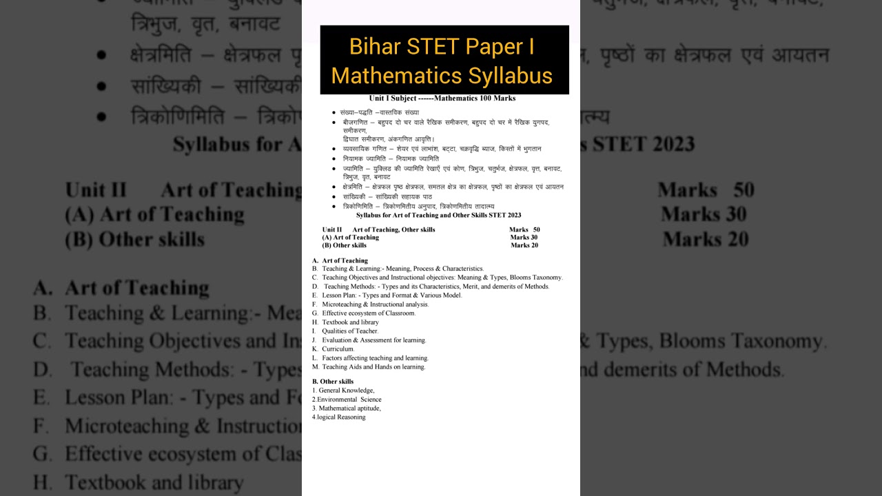 Bihar STET Paper I math syllabus 2025 