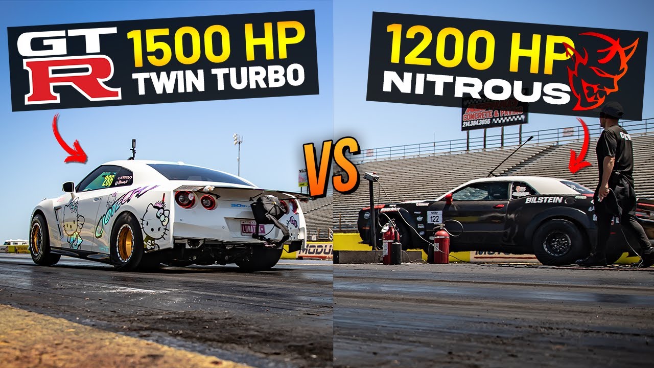 Реванш GTR! 1500-сильный Twin Turbo GTR против 1200-сильного Nitrous Demon: дрэг-рейсинг