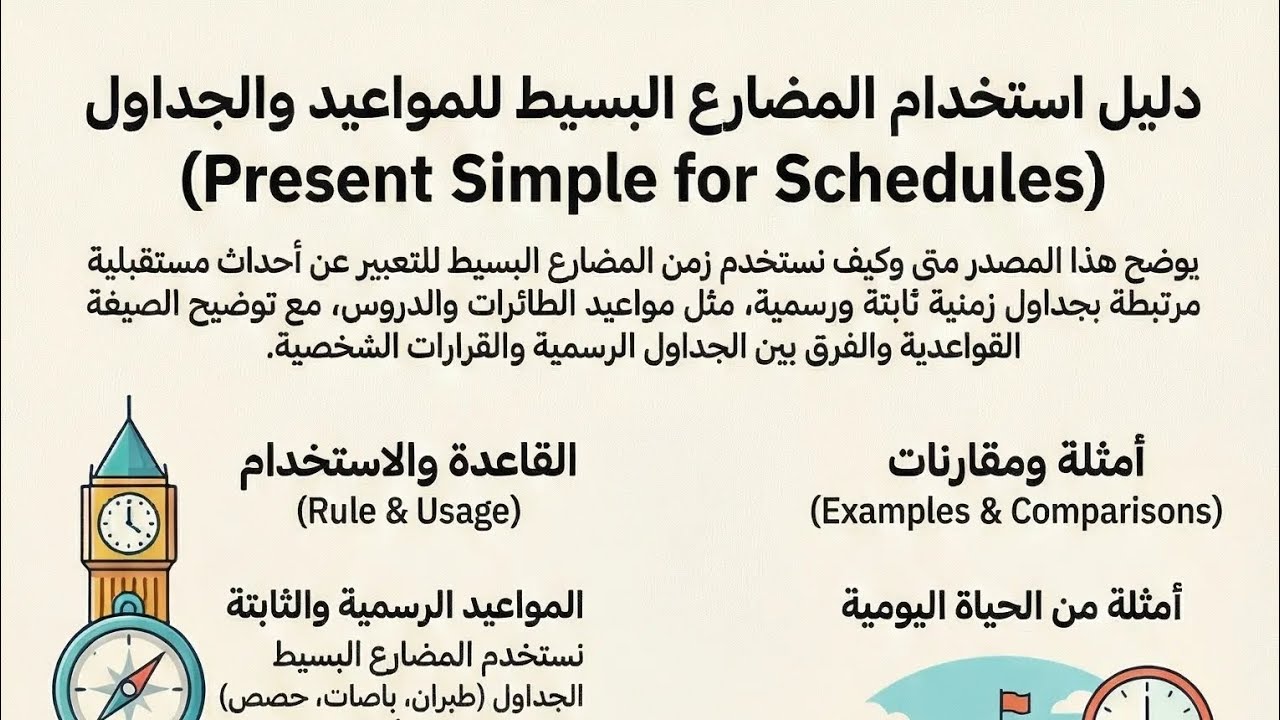 عنوان يوتيوب👉 Present Simple for Schedules بسهولة 🔥 شرح مهم للسادس الإعدادي  #تعلم_اللغة_الإنكليزية 