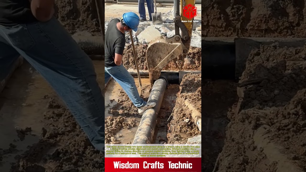 Joining two large underground pipe in a trench: ductile iron pipe L installation