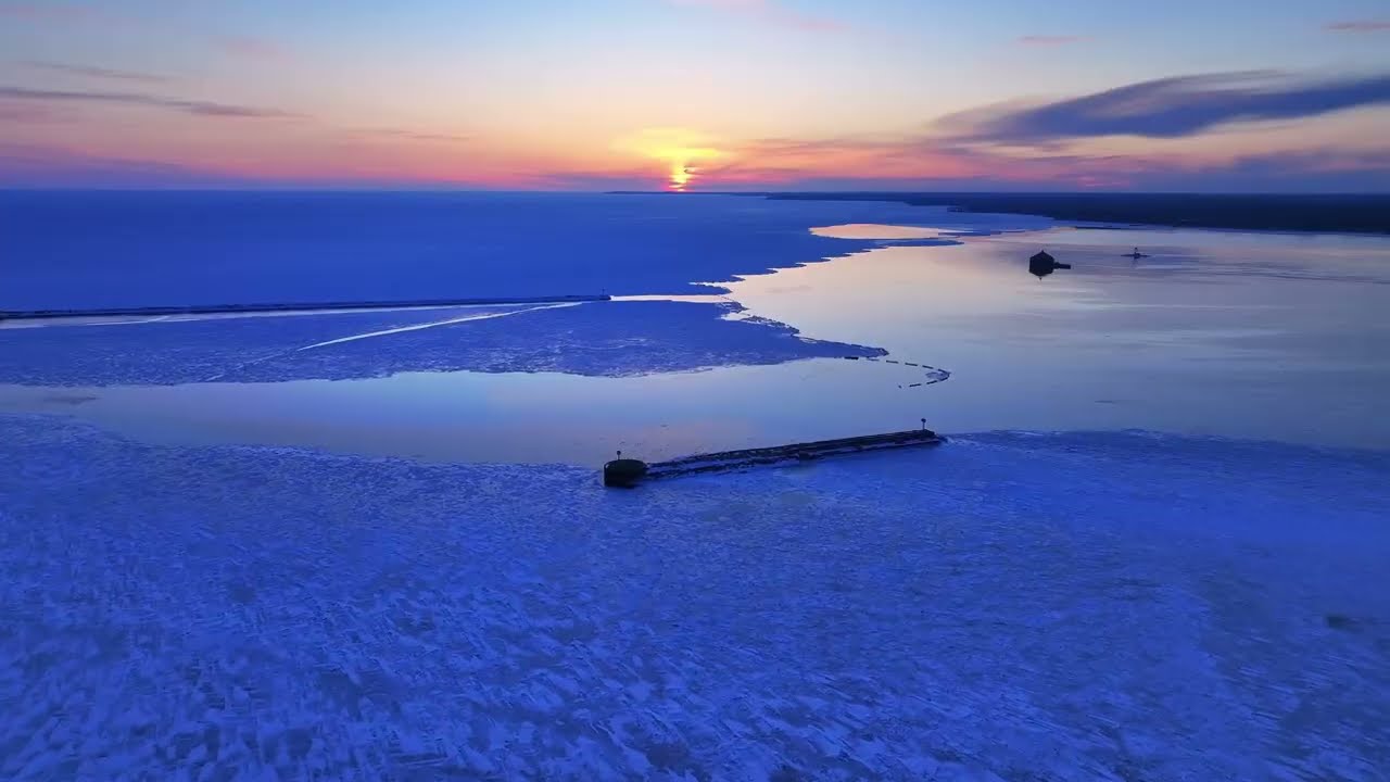 Frozen Winter Sunset in Buffalo, New York - Drone Video