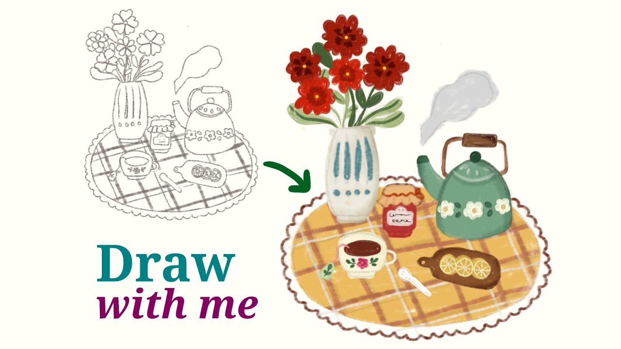 Time-Lapse Digital Drawing on Phone | Cozy Tea & Flowers (Sketchbook App)
