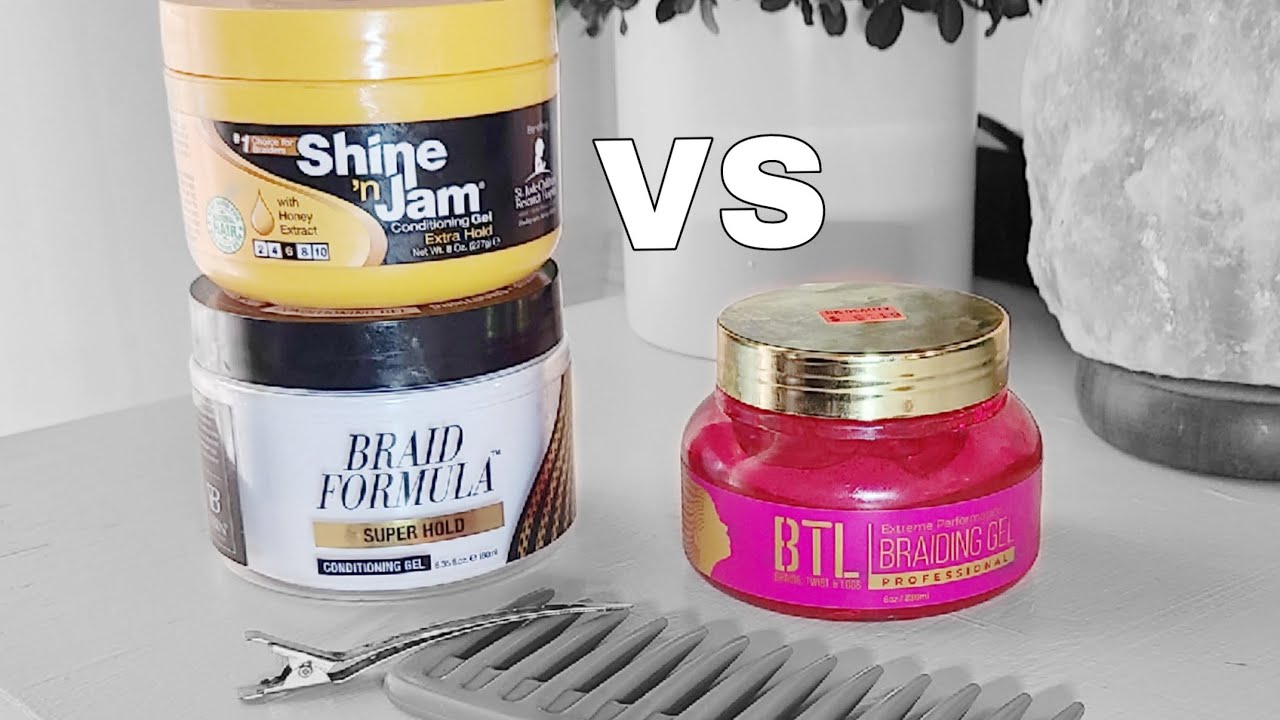Ampro Shine n Jam and Ebin Braid Formula vs BTL Braids Twist & Locs Extreme Braiding Gel