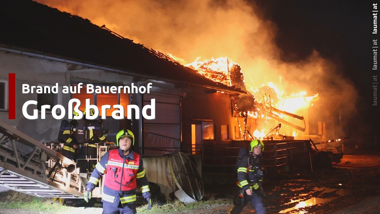 Großbrand: Wirtschaftstrakt eines Bauernhofes in Haag am Hausruck in Vollbrand