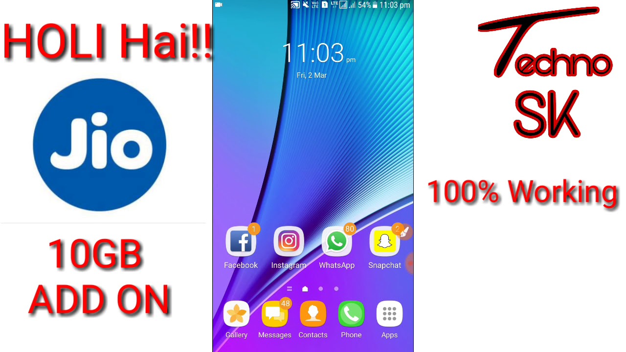 JIO HOLI GIFT FOR EVERY JIO USER||10GB ADD ON||BY Techno SK