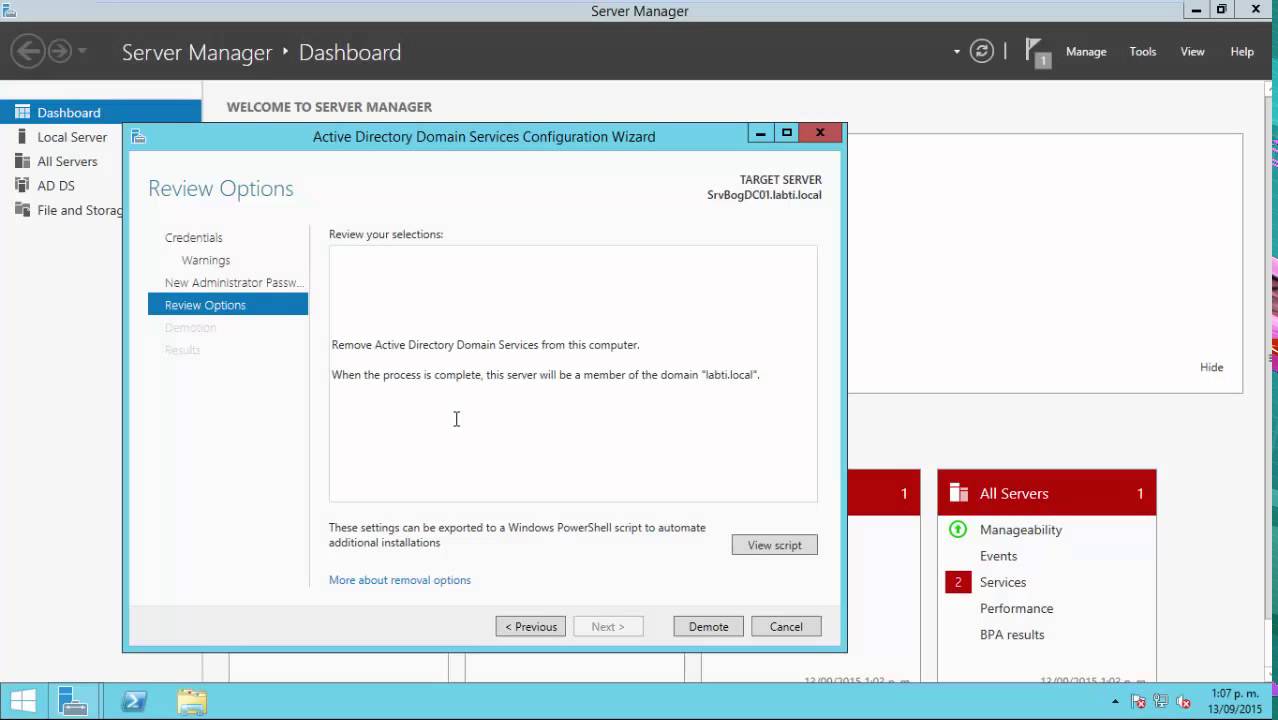 Despromover controlador de dominio en Windows Server 2012