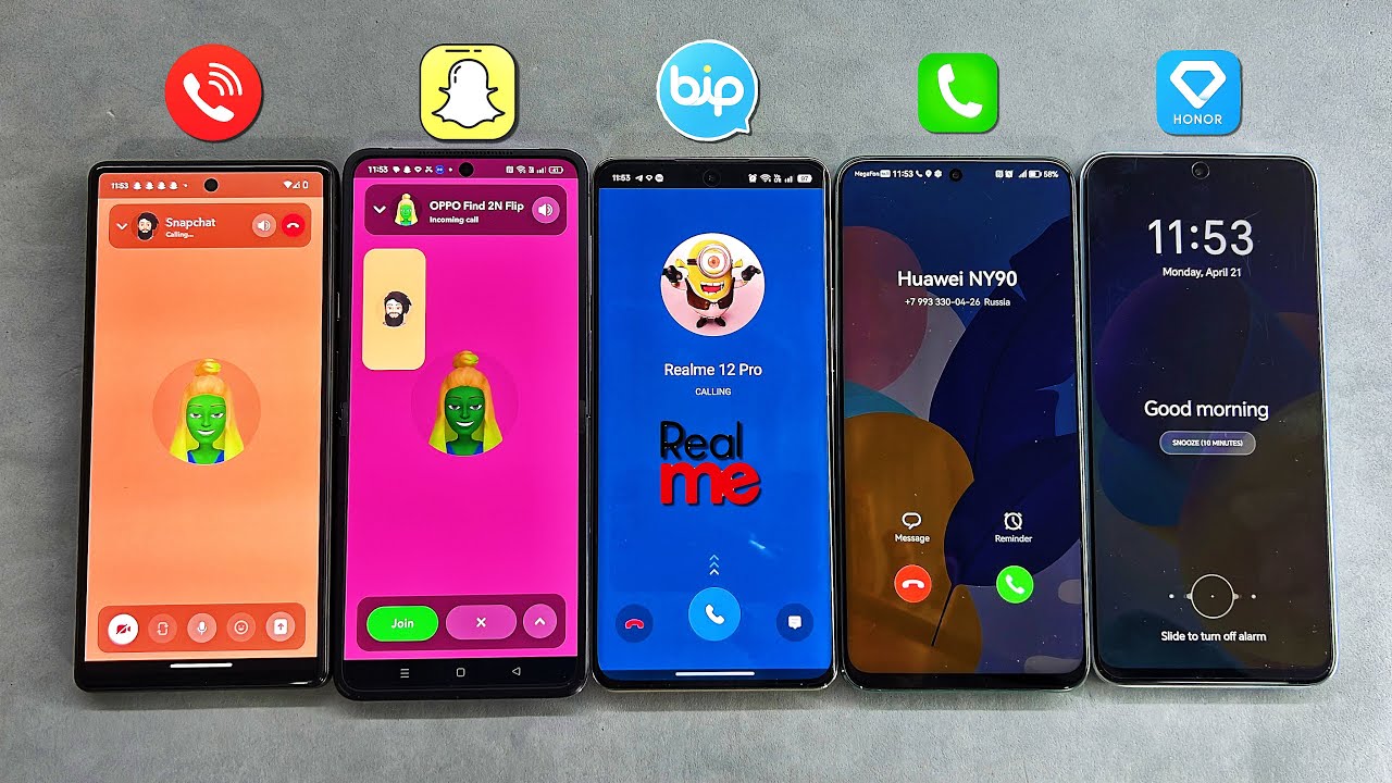 Snapchat, Bip, Incoming call, Alarm Clock | Pixel 6, Oppo Flip, HUAWEI Y90, Realme 12P, Honor X8