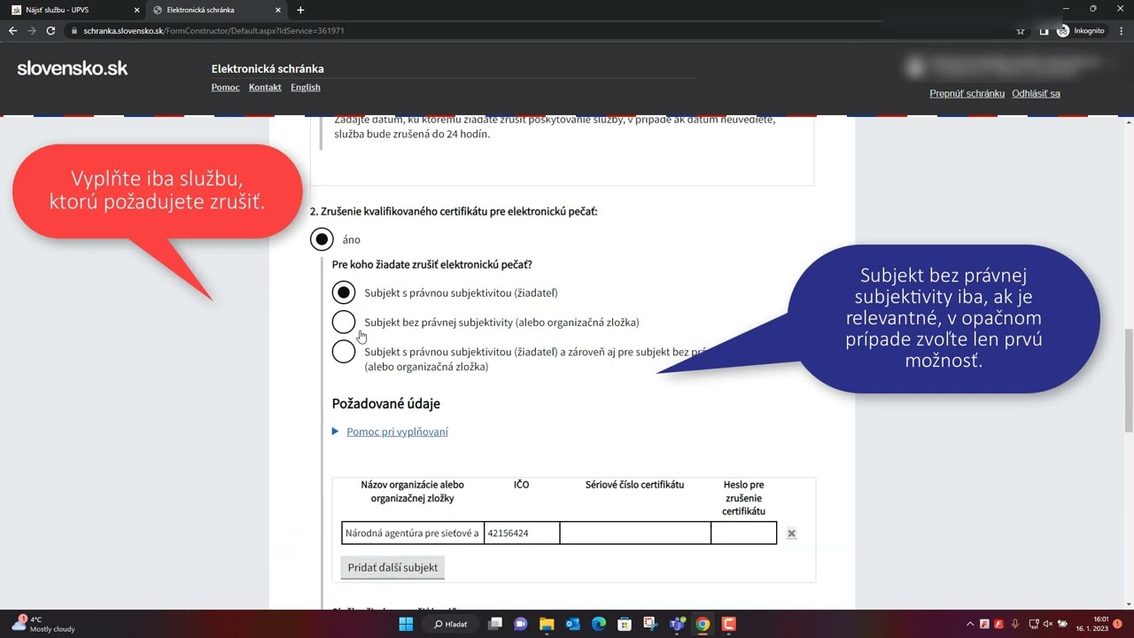 Návod na vyplnenie žiadosti o zrušenie poskytovania služieb SNCA