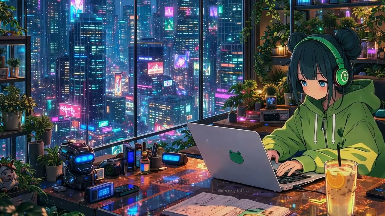 rainy cyberpunk study room ☔🌿 ~ cozy lofi beats for study, focus and relax🎧 | mossy lofi radio 🐸