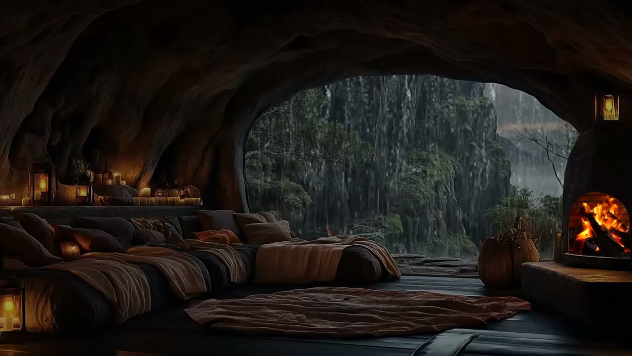 Rainy Night Ambience in a Cave Cabin with Fireplace for Meditation Deep Sleep and Relaxation