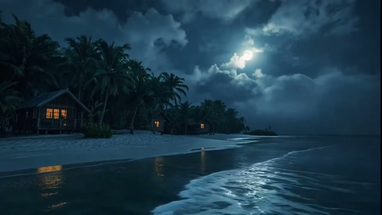 10 Hours of Rainy Tropical Beach Night 🌧️ Moonlit Ocean Waves & Cabin Lights for Deep Sleep