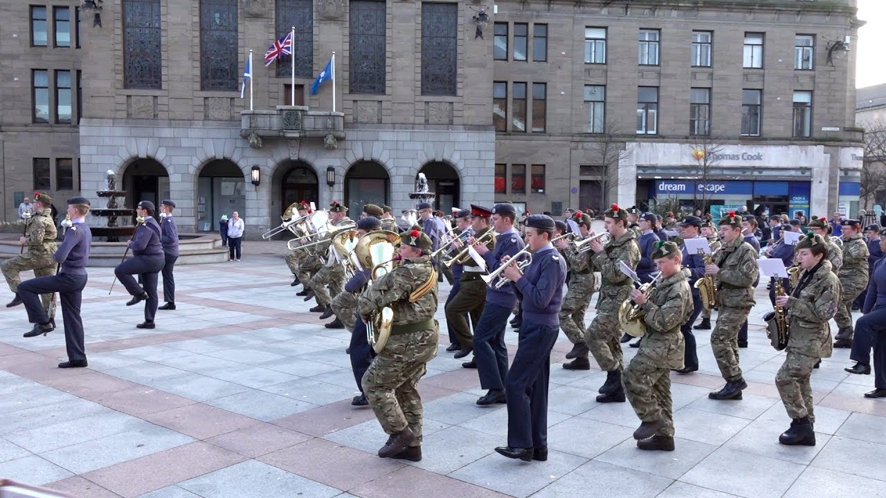 Massed military bands of National Cadet Corps Scotland march through City of Dundee April 2019