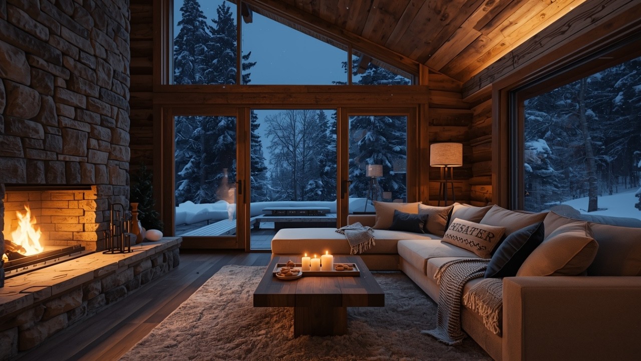 Warm Fireplace & Soft Piano | Cozy Winter Night Ambience with Snowfall