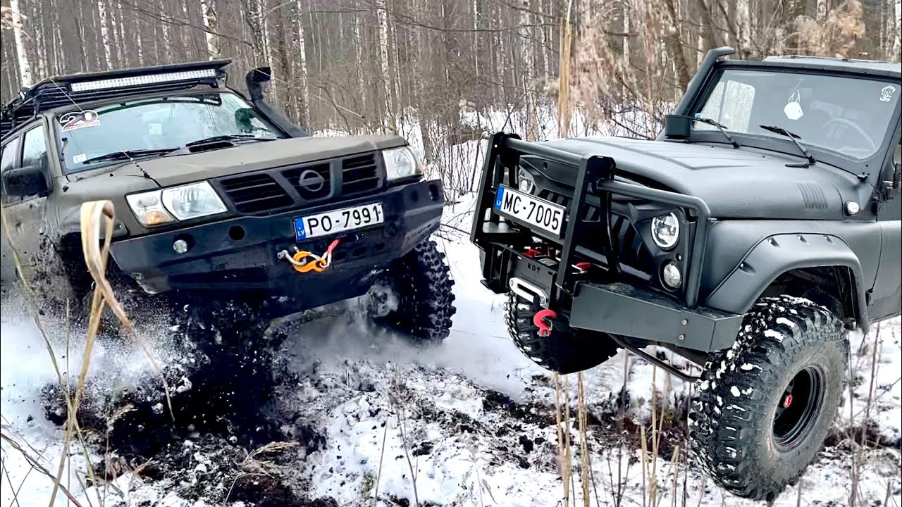 УАЗ Хантер vs Patrol y61 - Зимняя электролиния - 1 часть | Extreme Latvian Offroad 4x4