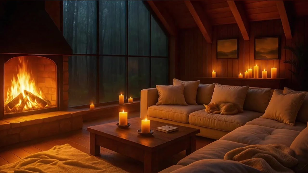 Cozy Cabin 🔥  Rain and Fireplace -Rain and Sleeping Cat