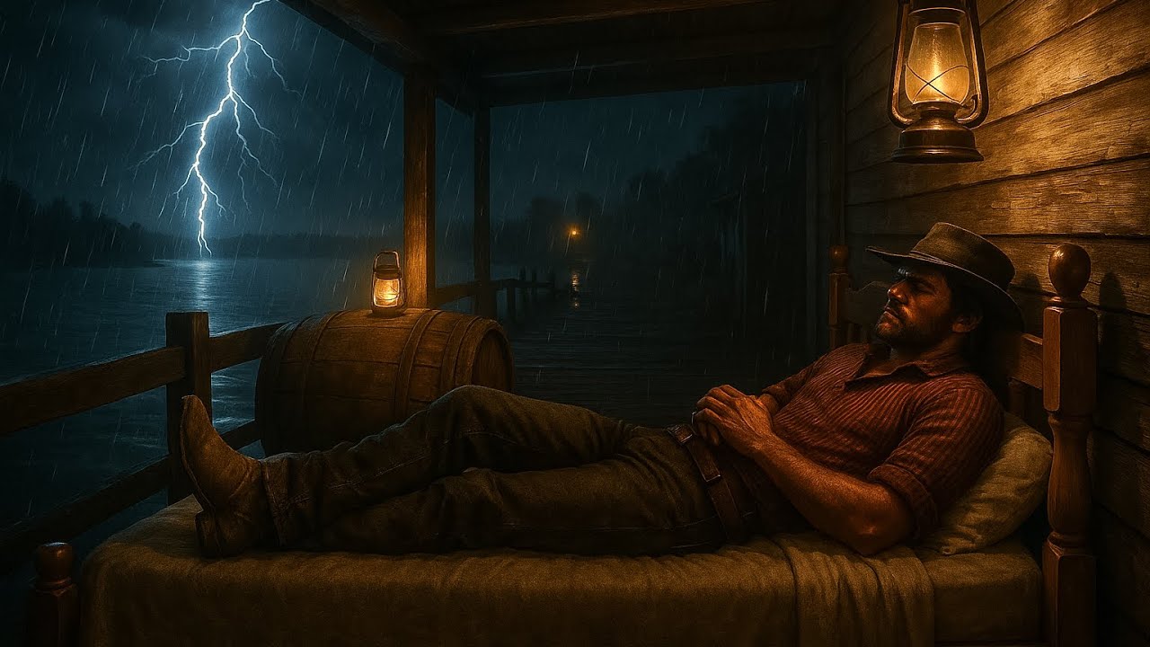 Cozy Porch Sleeping During a Heavy Thunderstorm Nighttime by the Lake | 8 Hours RDR2 ASMR