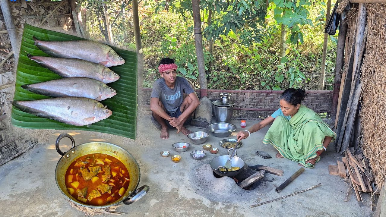 KANGLA FISH Curry With RADISH Cooking In Rural Mother And Son For Tasty Lunch 