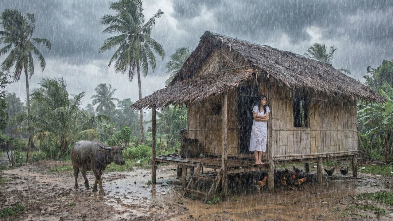 very amazed Intense Heavy Rain in a Quiet Village | for a good night's sleep