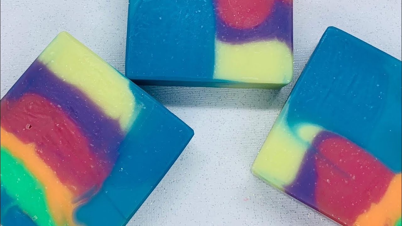 Making cold process soap using rainbow mica.
