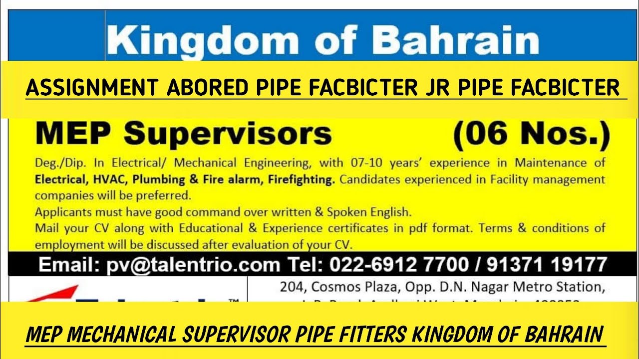 Assignment abored pipe Facbicter Jr pipe Facbicter Mep Mechanical Supervisor Pipe Fitters Kingdom o